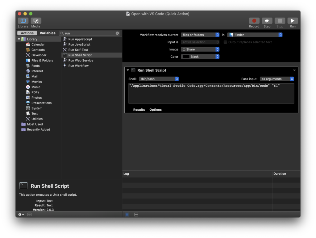 Automator configuration for opening a file or folder with VS Code in MacOS Finder